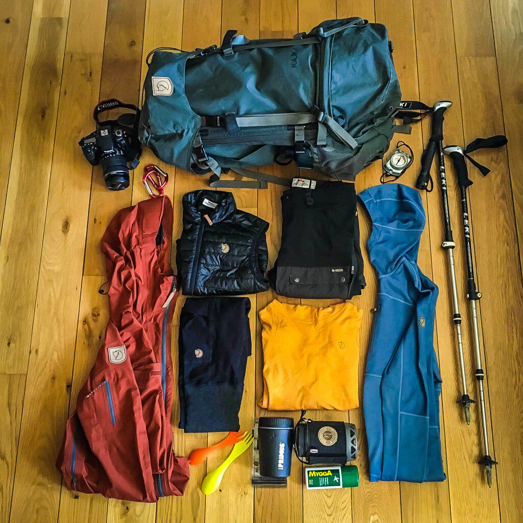 Gear for a multi-day hike, fjällräven classic.