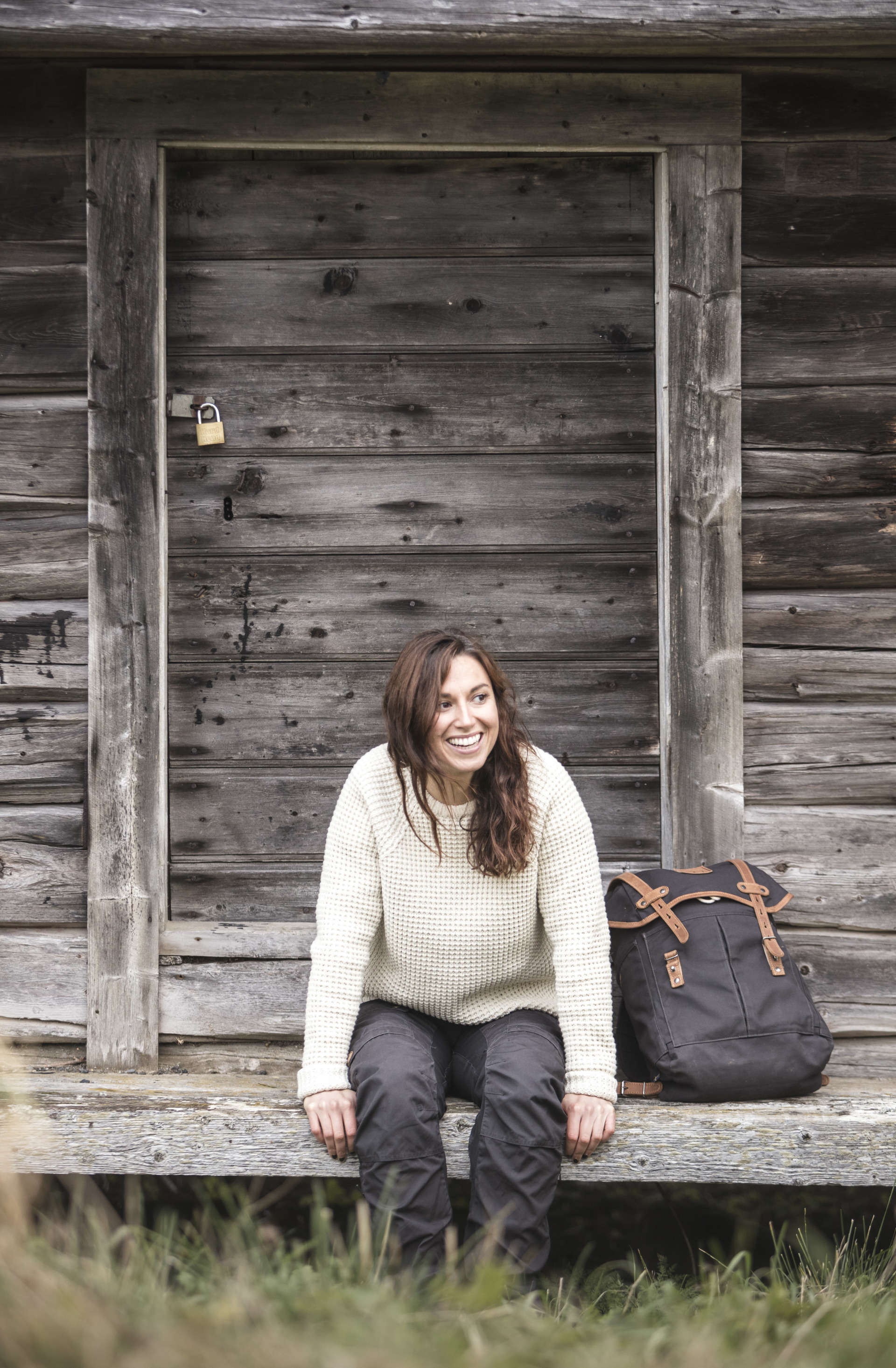 Sarah Benton, social media manager at Fjällräven, wearing a prototype of the Brattland sweater