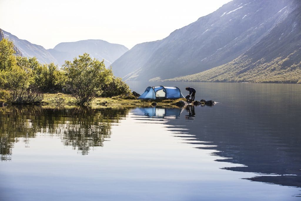 Camping on the side of a lake, Fjällräven tents, fjallraven tents