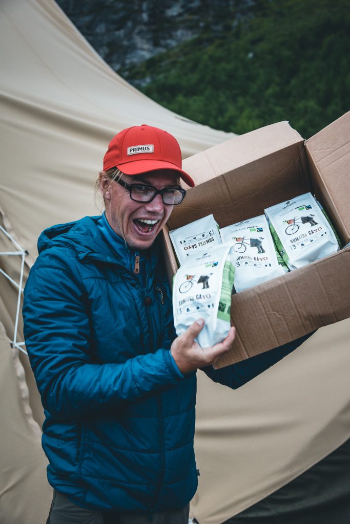 Chad, excited for a new 8kg coffee delivery at Fjällräven Classic Sweden in 2017.