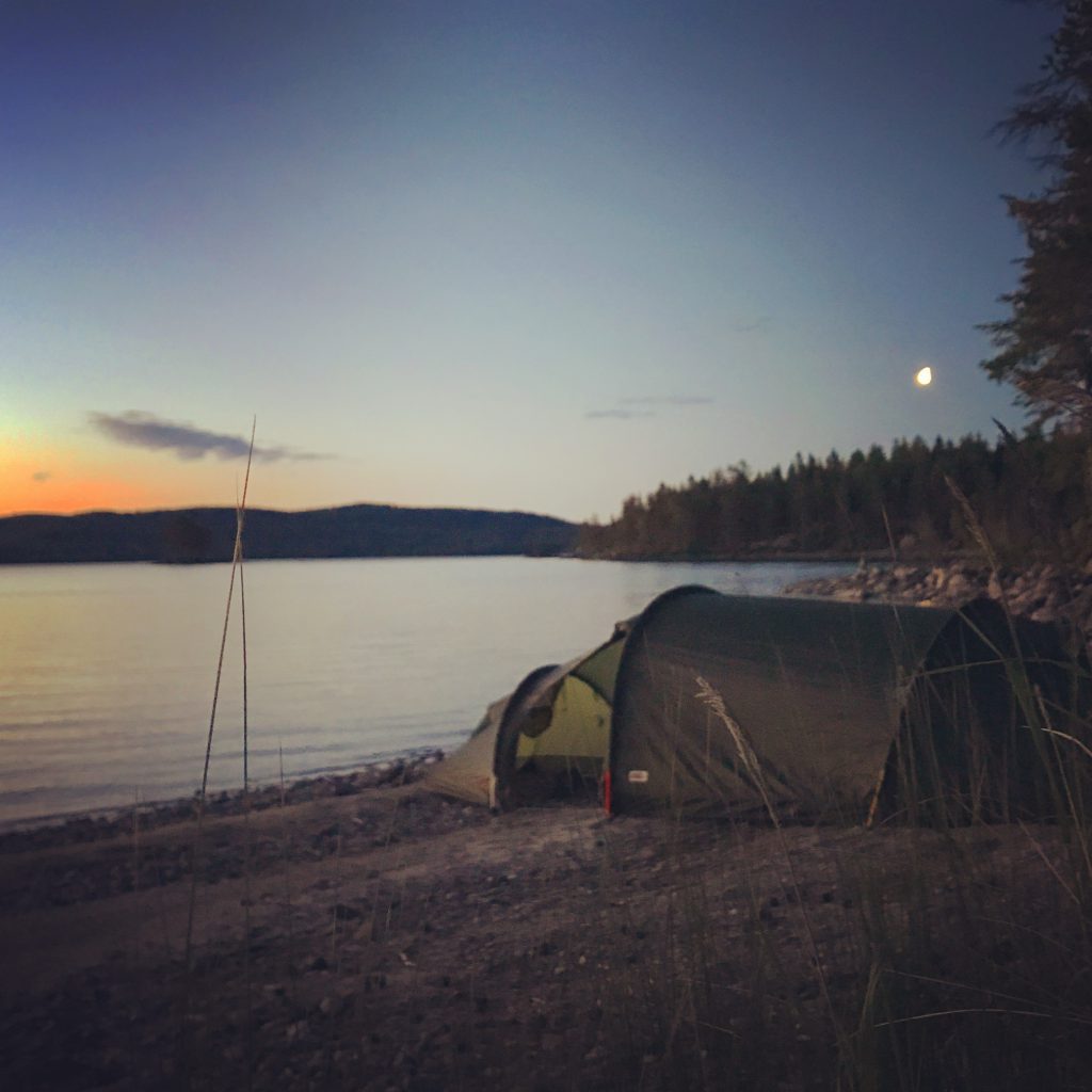 Summer camping by a lake, fjällräven tents