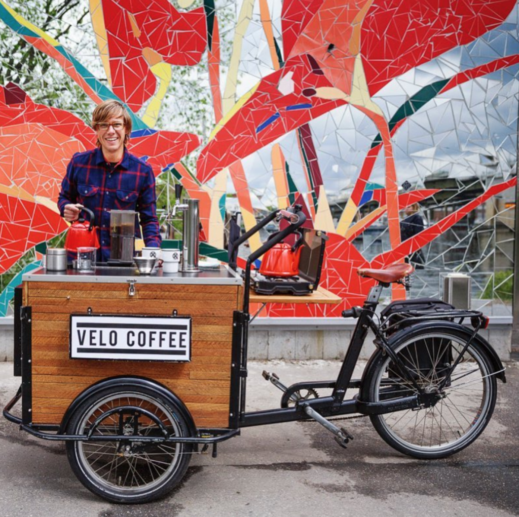 Chad and his coffee bike in Stockholm, Sweden.