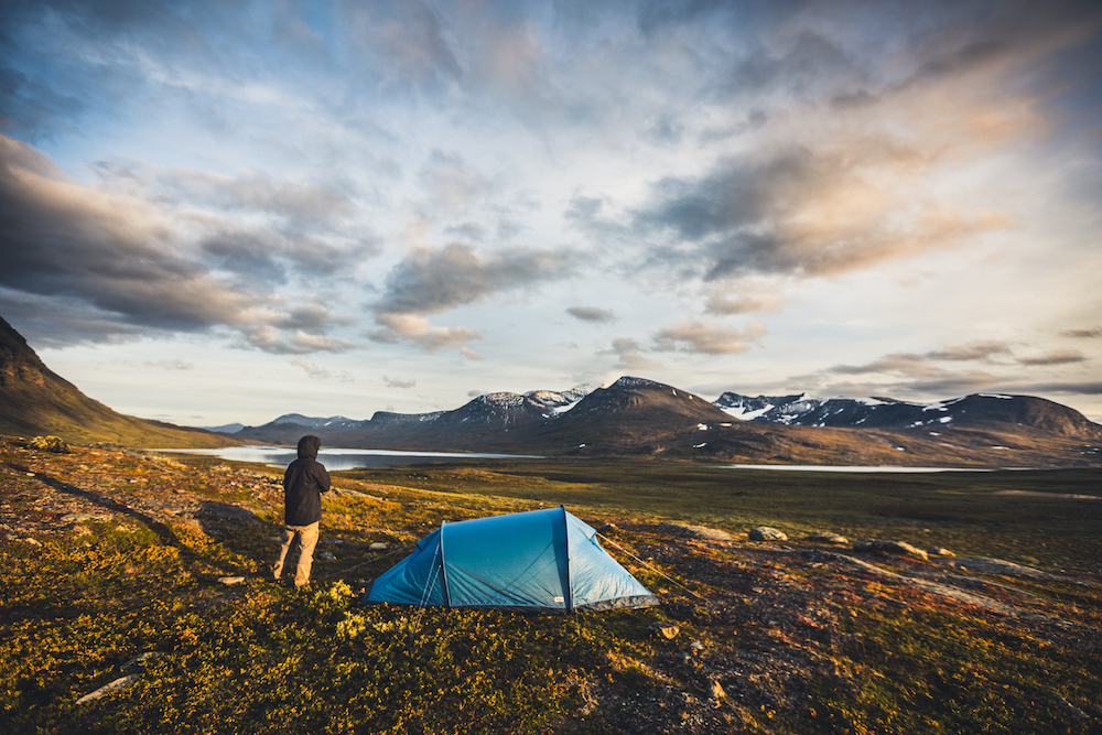 Martin Andersson, reflecting on the journey at the end on the King’s Trail. Fjällräven tent