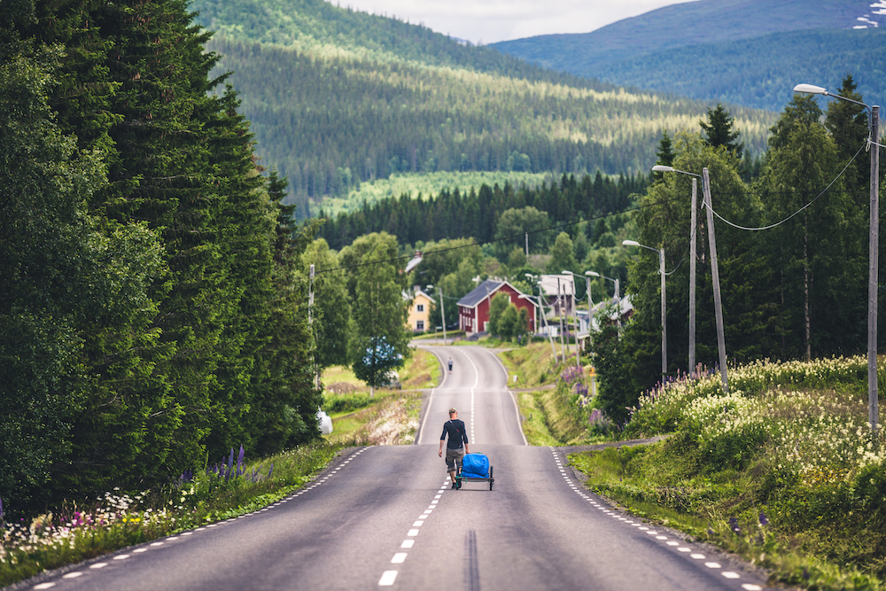 Martin Andersson hiking the lonely roads of Northern Jämtland. 